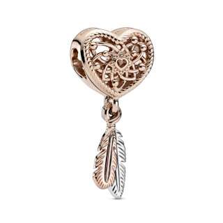 Talisman de tip dreamcatcher cu două pene și inimioară cu structură dantelată
