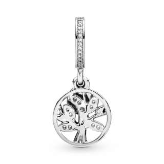 Family tree silver dangle with 14k and clear cubic zirconia 