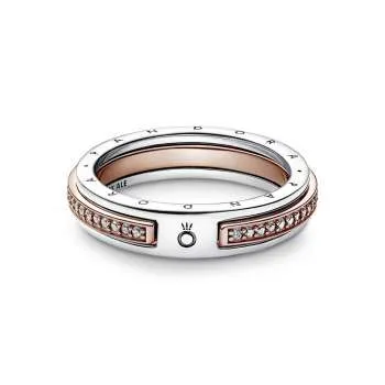 Inel cu logo Pandora Signature Pavé bicolor 