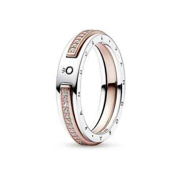 Inel cu logo Pandora Signature Pavé bicolor 