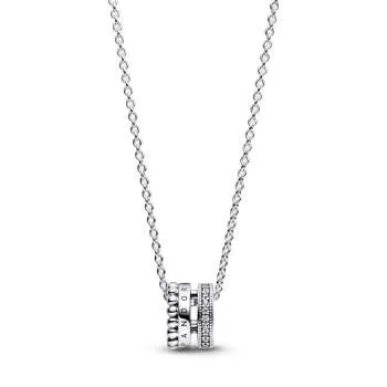 Pandantiv și colier pavé și cu mărgele cu logo Pandora Signature 