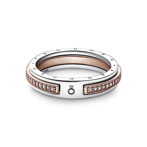 Inel cu logo Pandora Signature Pavé bicolor
