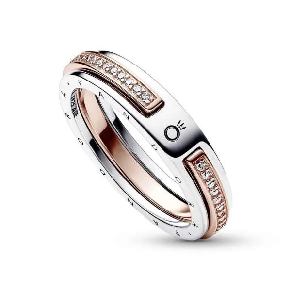 Inel cu logo Pandora Signature Pavé bicolor