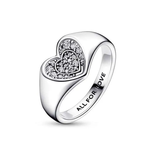 Кольцо-печатка «Сверкающее сердце с pavé» 
