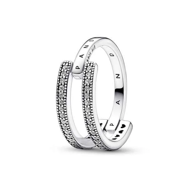 Inel cu bandă dublă Pandora Signature Logo și Pavé