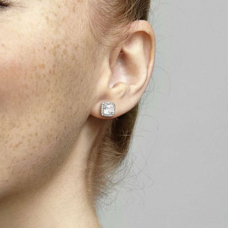Cercei de tip stud cu formă pătrată, din argint 925, cu zirconiu cubic transparent