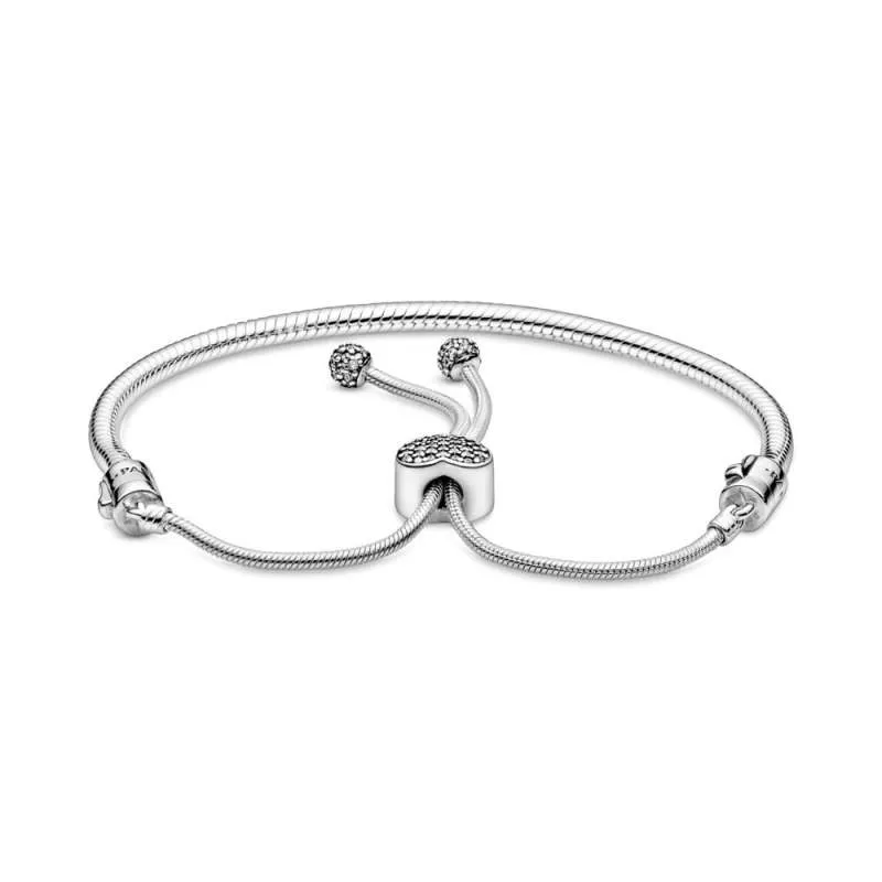 Brățară glisantă tip lanț clasic cu sistem de prindere în formă de inimă, cu țintuire tip pavé Pandora Moments