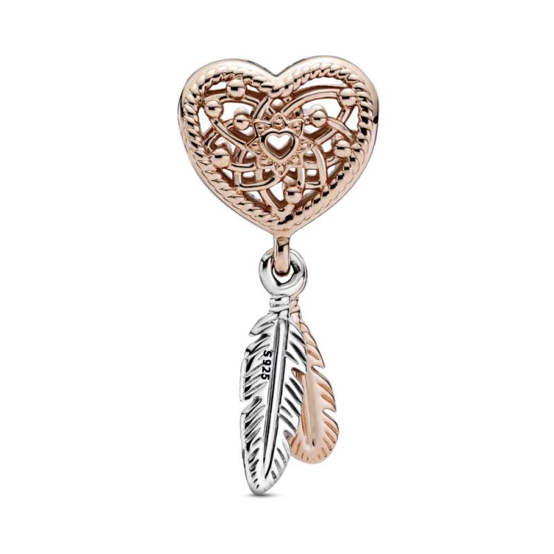 Talisman de tip dreamcatcher cu două pene și inimioară cu structură dantelată