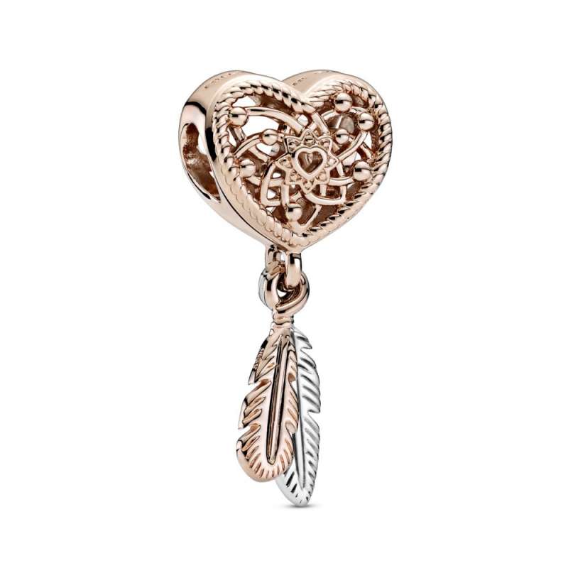 Talisman de tip dreamcatcher cu două pene și inimioară cu structură dantelată