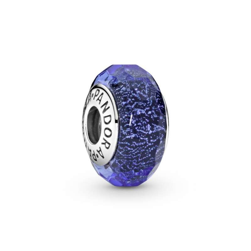 Abstract silver charm with faceted iridescent blue Murano glass