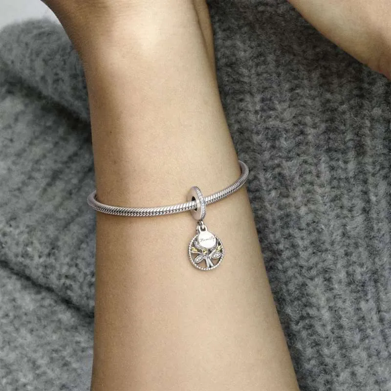 Family tree silver dangle with 14k and clear cubic zirconia