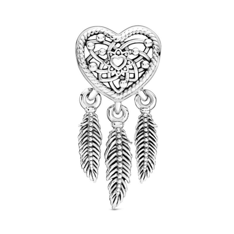 Talisman de tip dreamcatcher cu trei pene și inimioară cu structură dantelată