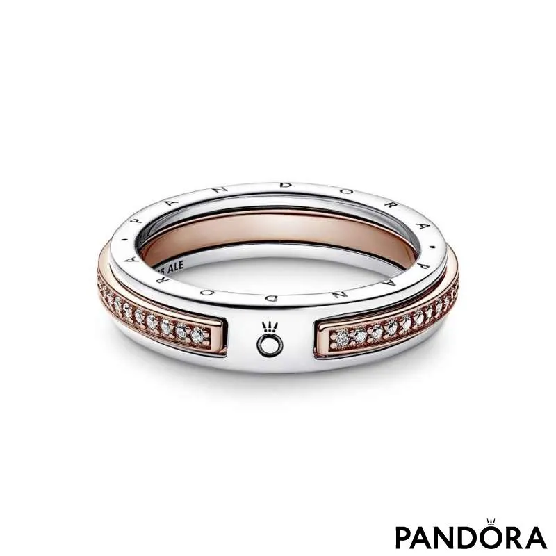 Inel cu logo Pandora Signature Pavé bicolor