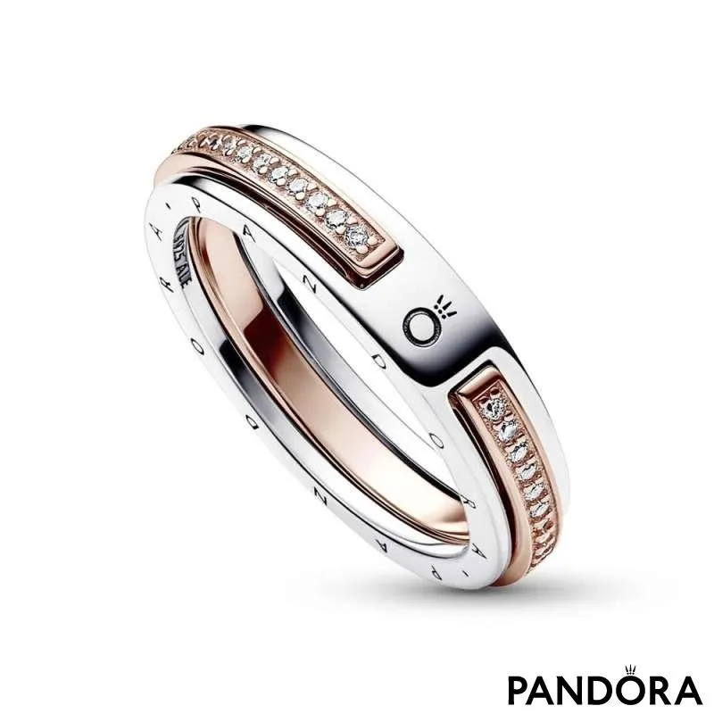 Inel cu logo Pandora Signature Pavé bicolor