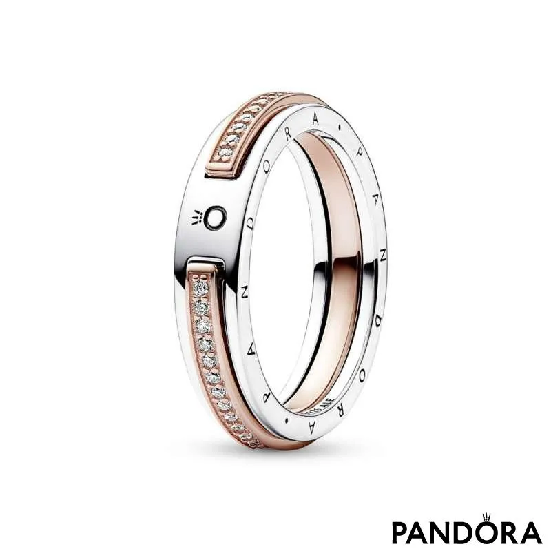 Inel cu logo Pandora Signature Pavé bicolor