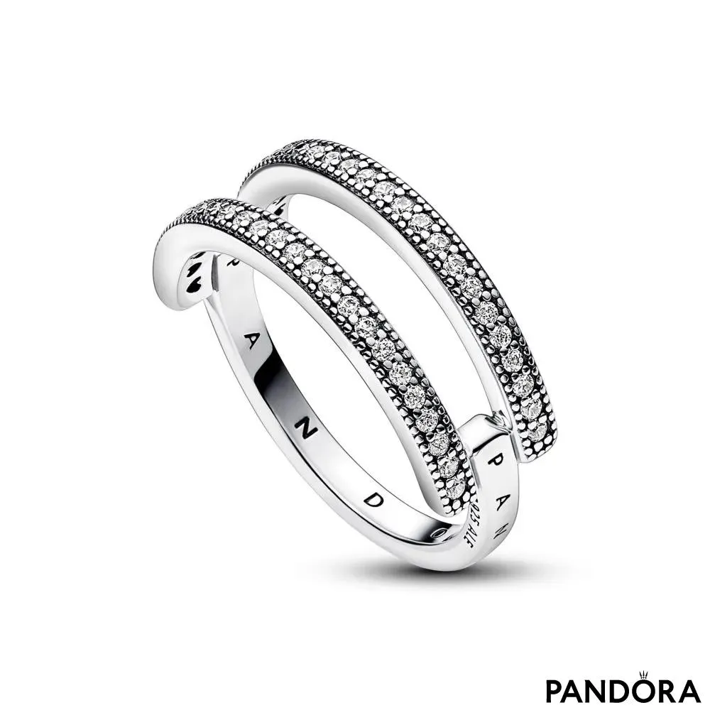 Inel cu bandă dublă Pandora Signature Logo și Pavé