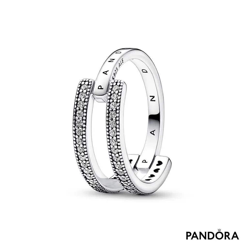 Inel cu bandă dublă Pandora Signature Logo și Pavé
