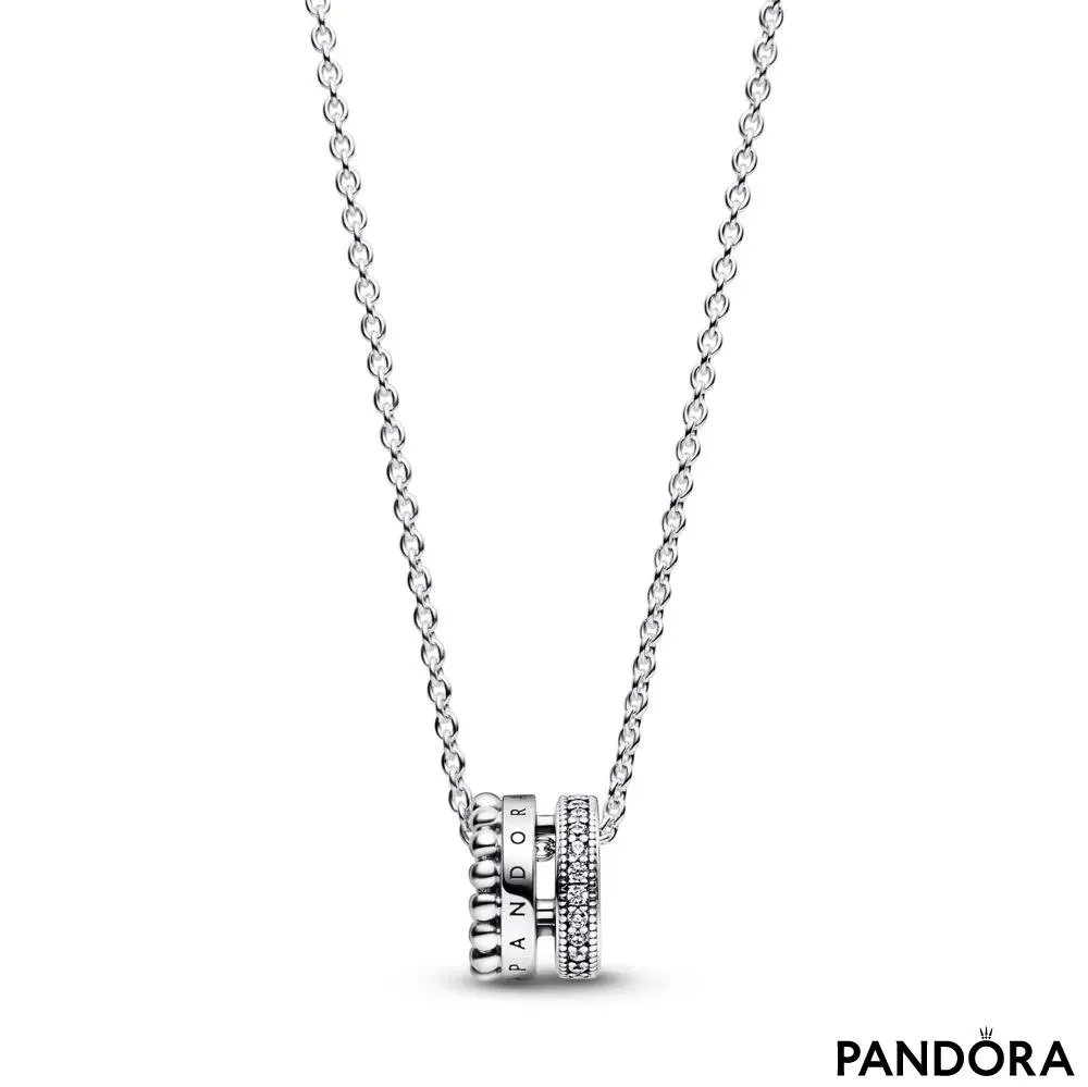 Pandantiv și colier pavé și cu mărgele cu logo Pandora Signature
