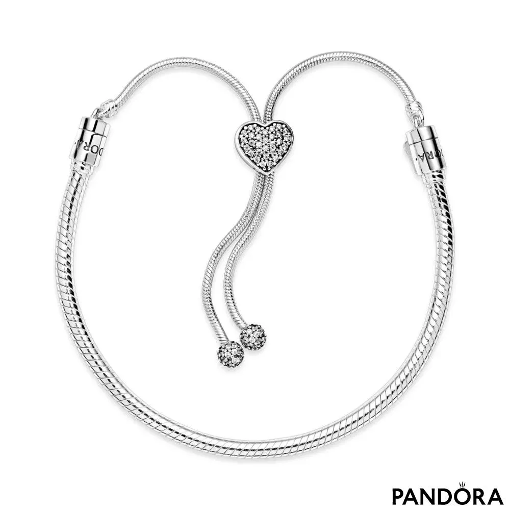 Brățară glisantă tip lanț clasic cu sistem de prindere în formă de inimă, cu țintuire tip pavé Pandora Moments
