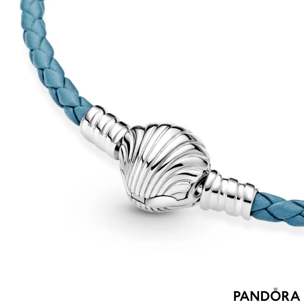 Браслет Pandora Моментс из плетеной кожи бирюзового цвета с застежкой-ракушкой 