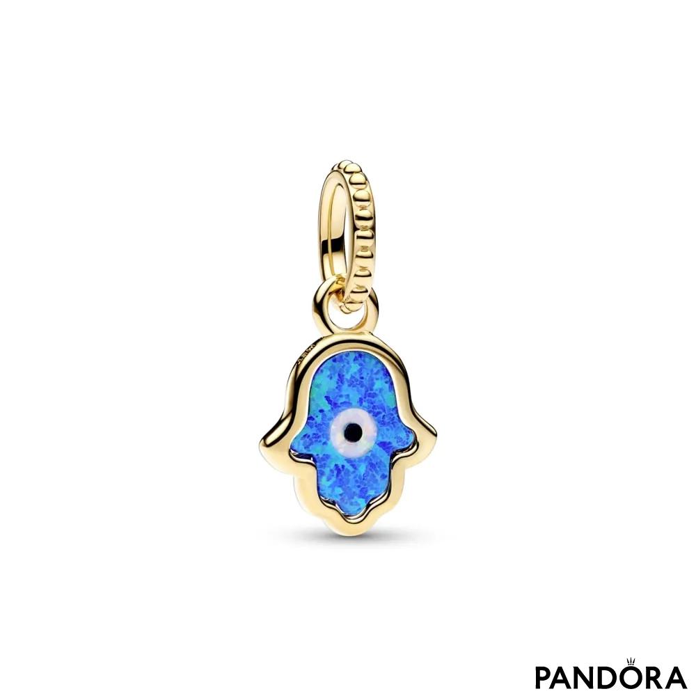 Talisman de tip pandantiv cu mână Hamsa albastru opalescent