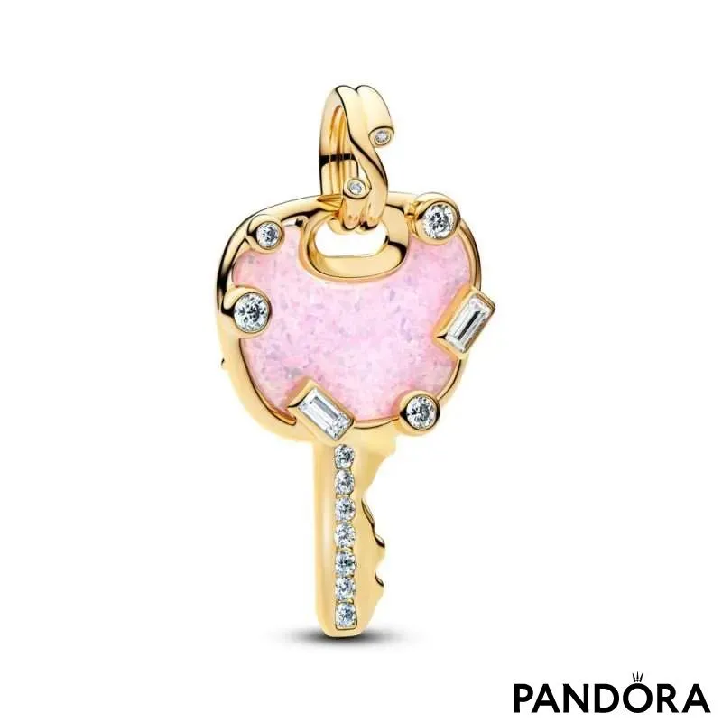 Talisman de tip pandantiv mare cu cheia iubirii roz opalescent 
