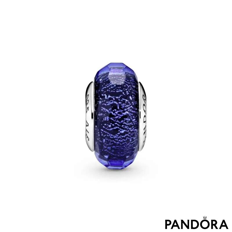 Abstract silver charm with faceted iridescent blue Murano glass