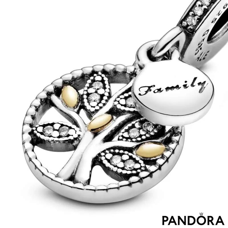 Family tree silver dangle with 14k and clear cubic zirconia 